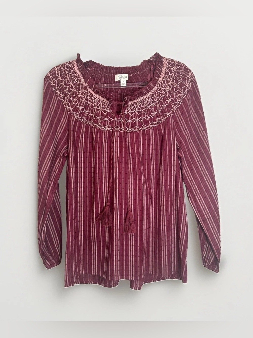 NEW Style Co Embroidered Peasant Top Women PS Petite Small Red Tasseled Boho